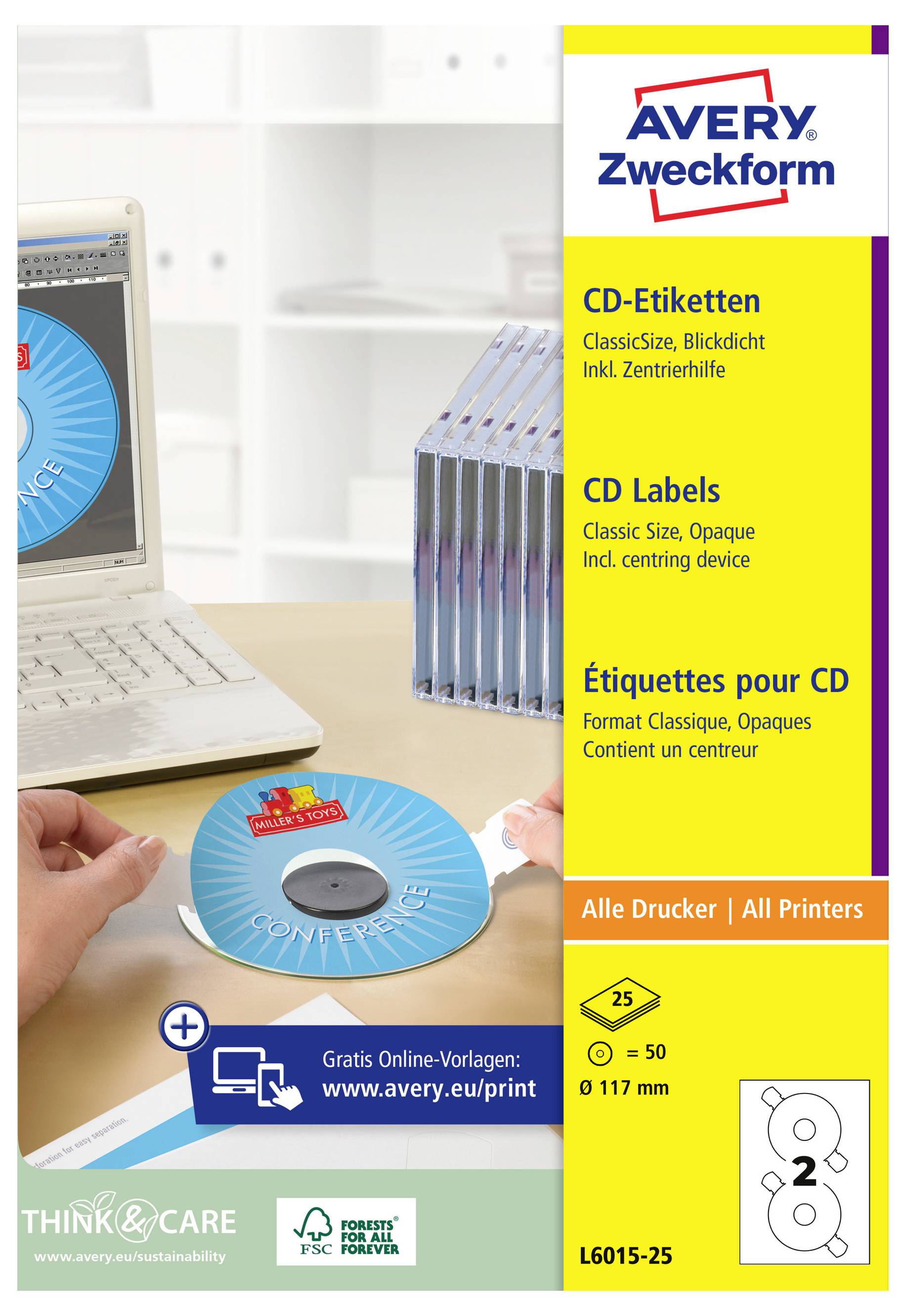 Étiquettes de CD Avery Zweckform affichées à côté d'un ordinateur portable et des mains plaçant une étiquette de CD bleue ; l'emballage énumère les détails du produit multilingues et une quantité de 25 feuilles.