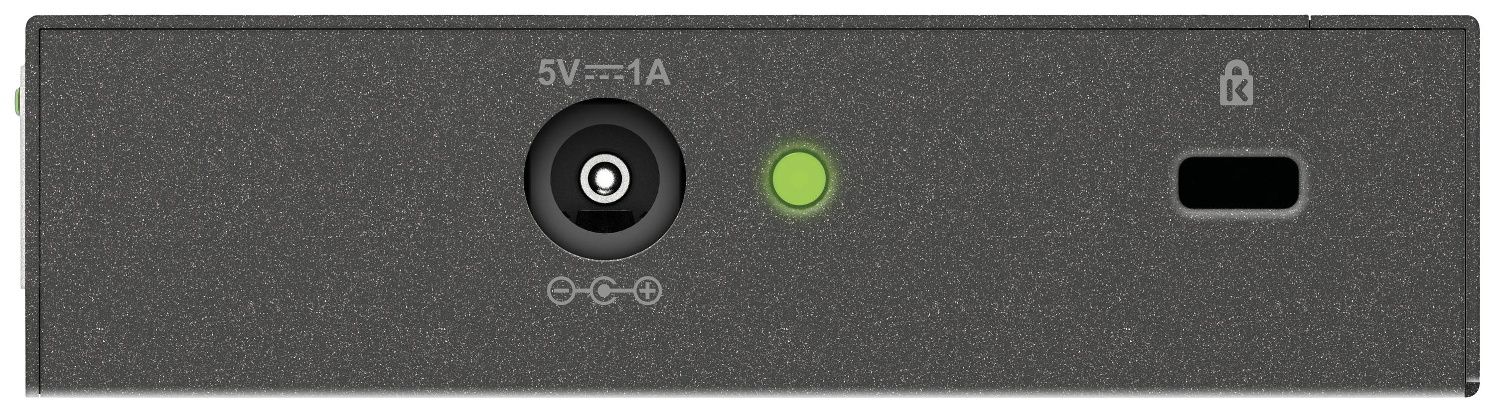 Un appareil noir avec une connexion d'alimentation (5V, 1A) et un bouton de mise en marche vert. Un symbole de clé indique une fonction de verrouillage.