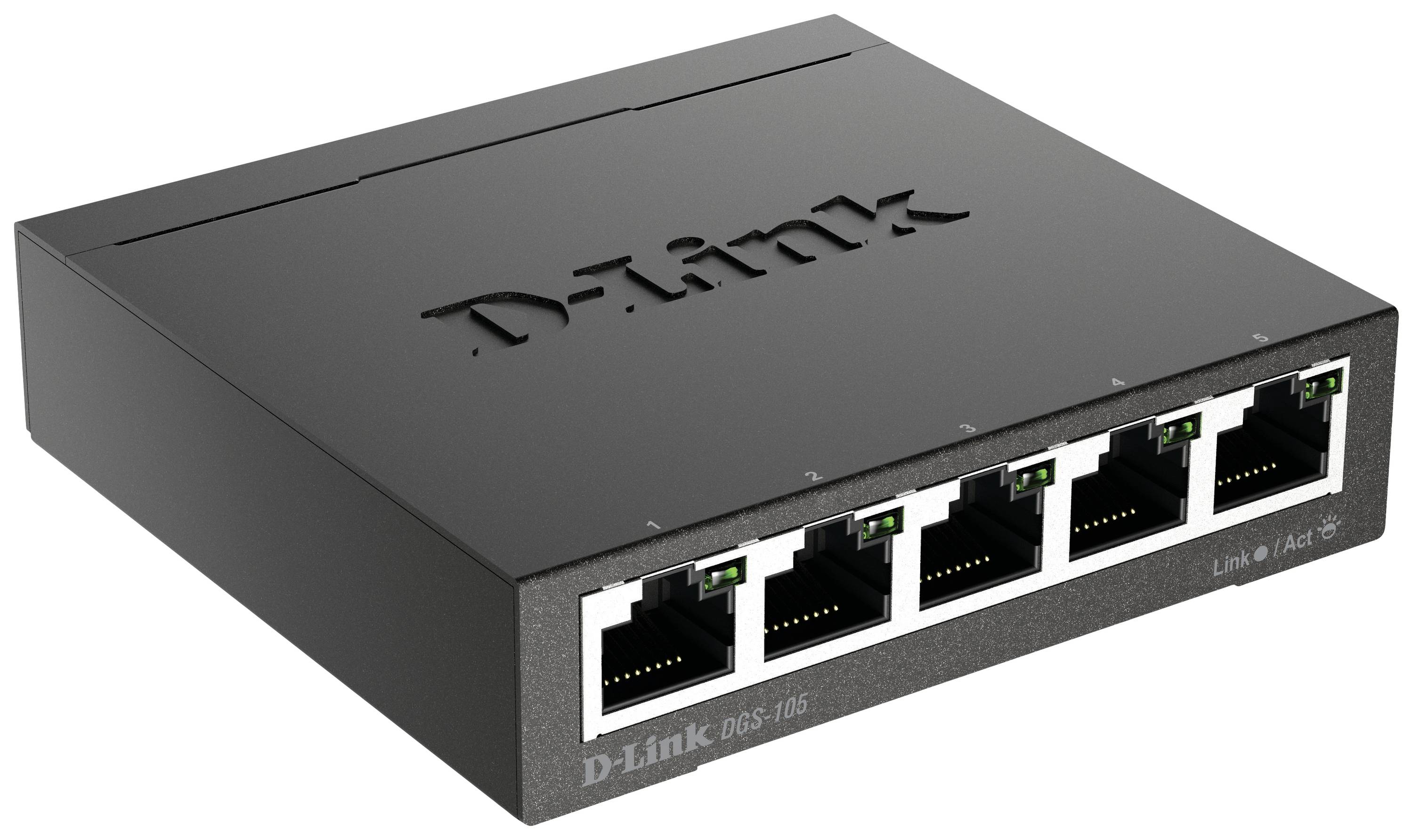 Un commutateur Ethernet noir D-Link avec cinq ports LAN, modèle 'DGS-105', est posé sur une surface lisse.