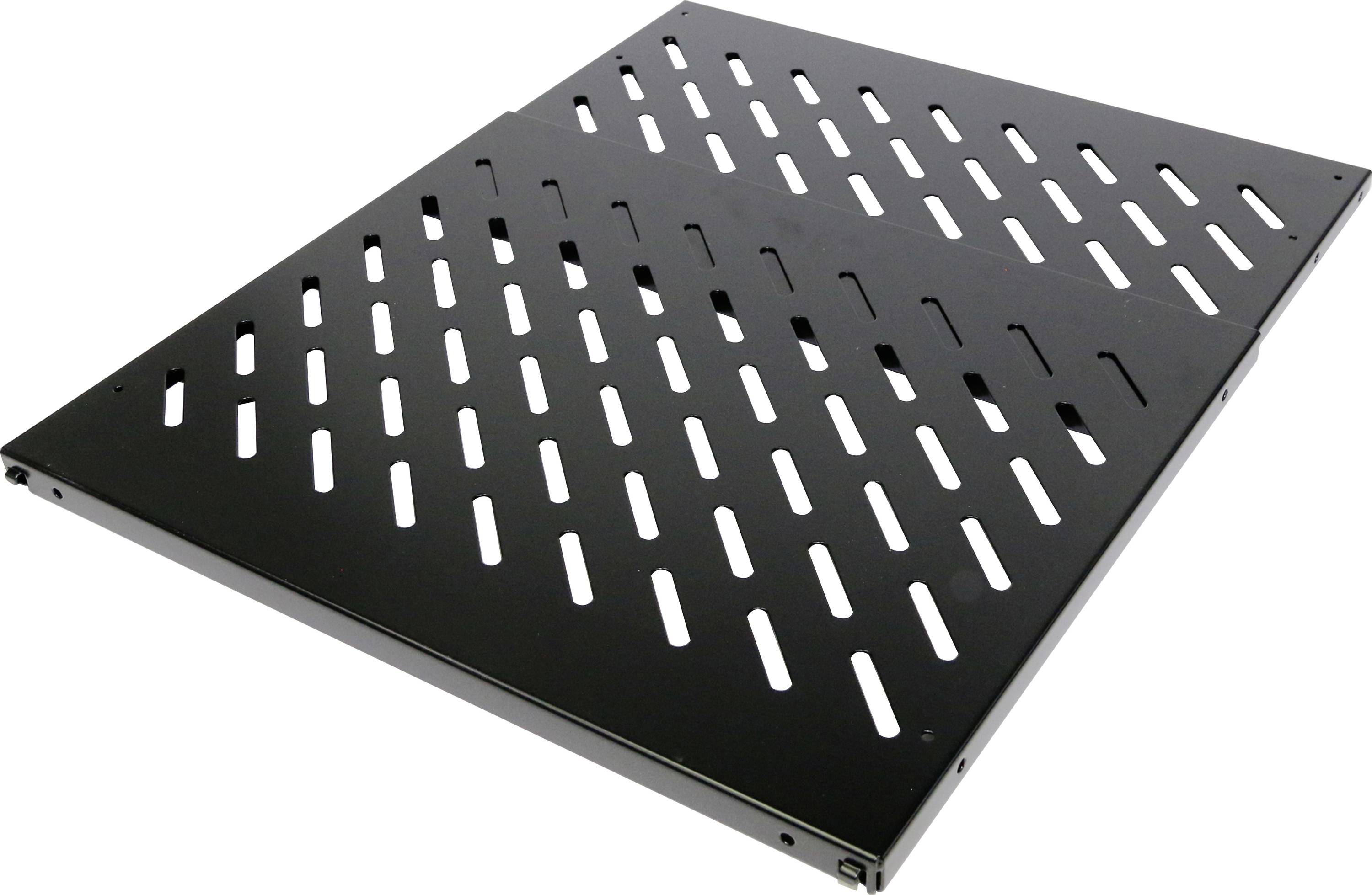 Étagère métallique de couleur noire, avec des fentes de ventilation rectangulaires, conçue pour être utilisée dans les armoires de serveurs ou de réseau.
