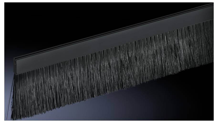 Une joint brosse noir avec de longues soies, utilisé pour l'étanchéité des fentes et la protection contre la poussière, sur un fond sombre.
