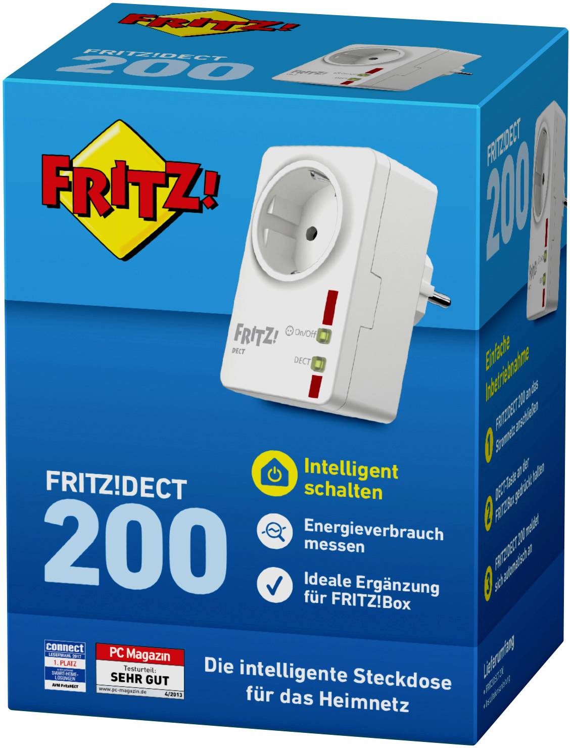 FRITZ!DECT 200 : Prise intelligente pour la mesure et le contrôle de la consommation d'énergie, compatible avec FRITZ!Box, sur emballage bleu.