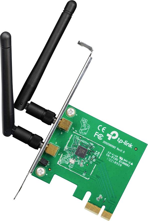 Un adaptateur réseau sans fil TP-Link vert avec des antennes doubles, conçu pour les emplacements PCIe d'ordinateur, étiqueté « 300Mbps Wireless N ».