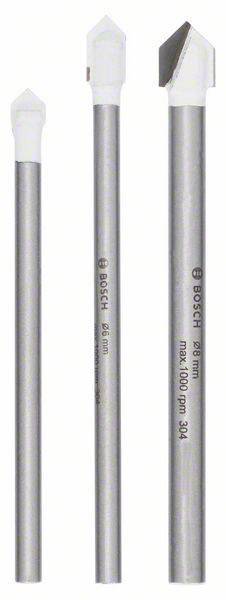 Trois forets en céramique Bosch avec pointes en carbure. À gauche : 6 mm, plat et pointu. À droite : 8 mm, à arêtes vives. Adaptés pour un perçage précis.