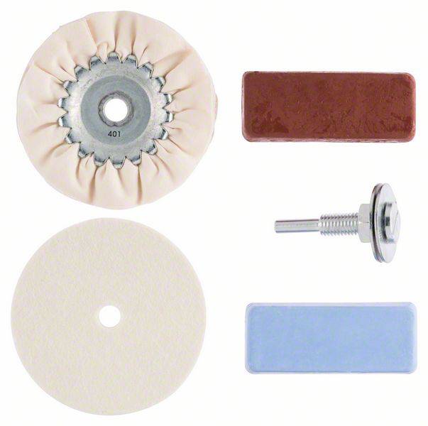Ensemble de polissage en quatre parties : Disque de tissu rond, bloc brun, tampon de feutre blanc et bloc bleu, avec un petit adaptateur métallique.