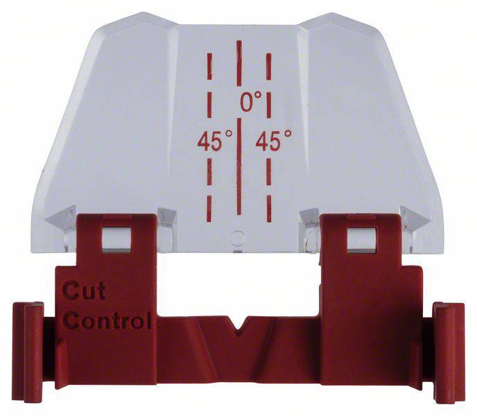 Couverture blanche avec des marquages rouges à 0°, 45° à gauche et à droite. Base rouge portant l'inscription 'Cut Control'. Indication d'accessoire d'outil.