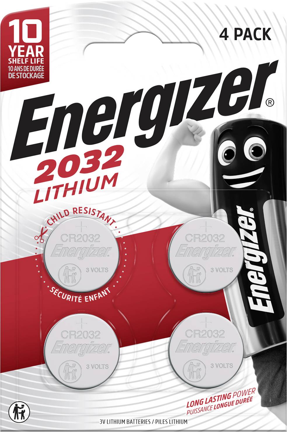 Paquet de 4 piles Energizer 2032 au lithium, composé de quatre piles CR2032 avec sécurité enfants et puissance longue durée. Durée de conservation de 10 ans notée.