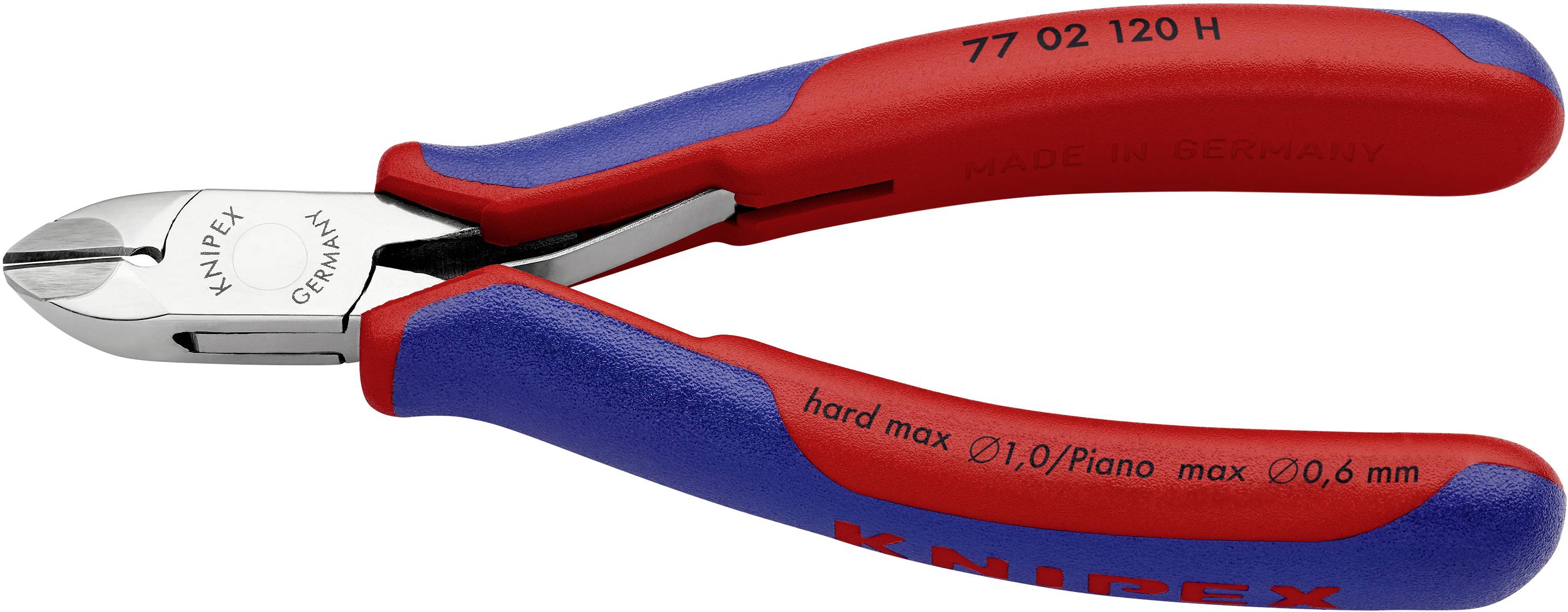 Pince coupante latérale en acier avec poignées rouges et bleues. Texte sur les poignées : 'KNIPEX Germany', 'hard max 0,1 Piano max 0,6 mm'.