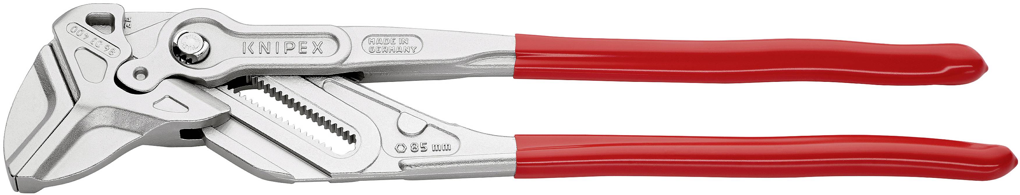 Une pince à tube en argent avec des poignées rouges, portant la mention 'Knipex' sur l'outil, montre ses mécanismes de réglage et de préhension.