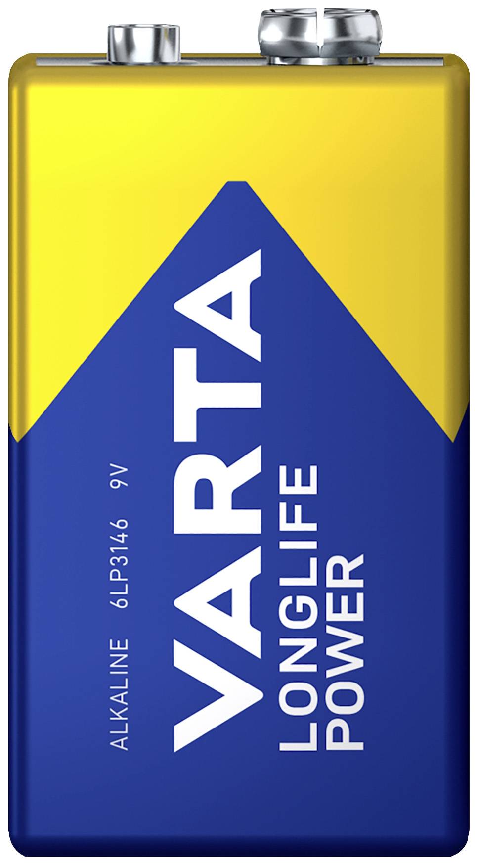 Une pile Varta 9 volts avec un emballage jaune et bleu. Inscription : « Varta Longlife Power ».