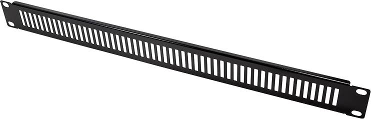 Un cache-rack noir de 19 pouces avec des fentes de ventilation pour l'aération dans un boîtier serveur ou réseau.