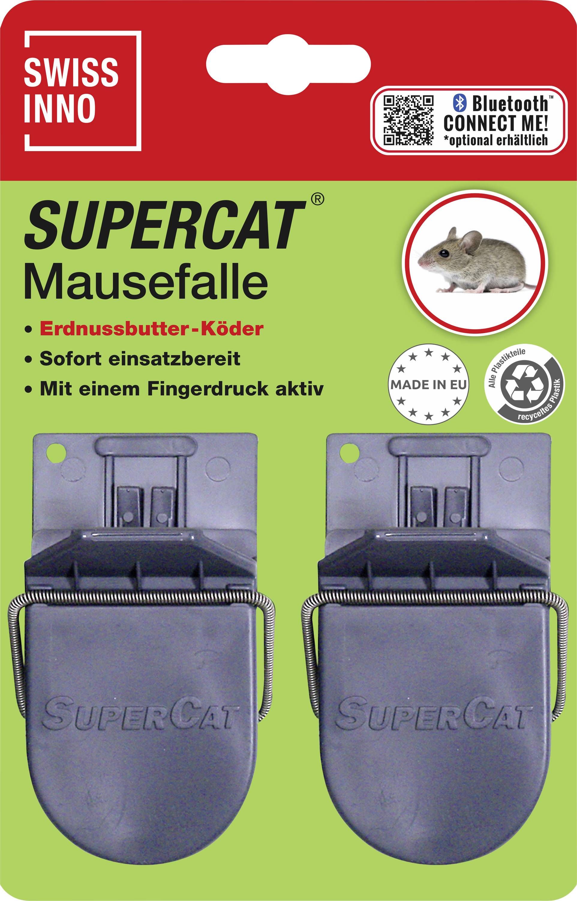 Ensemble de pièges à souris 'Supercat' contenant deux pièges. Caractéristiques comprenant un appât à base de beurre de cacahuète et une activation par empreinte digitale. Compatible Bluetooth.