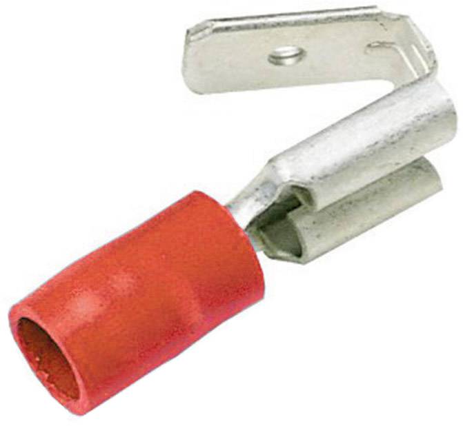 Un cosses de câble rouge et argenté, typiquement utilisé pour les connexions électriques, avec une extrémité métallique en forme de U.