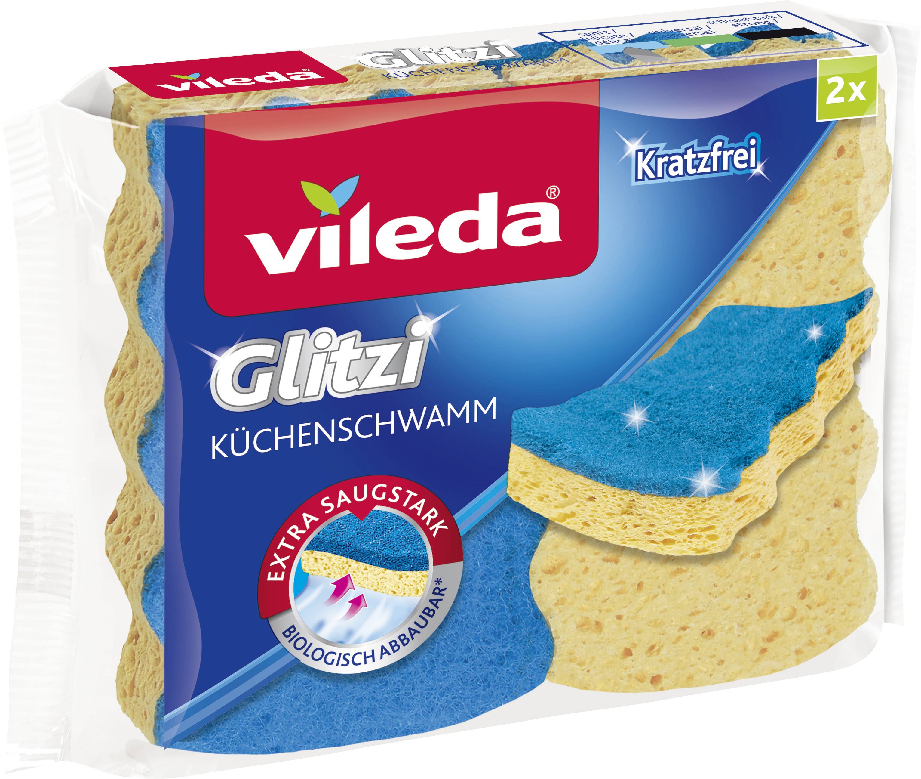 Paquet d'éponges de cuisine Vileda Glitzi, bleu et jaune, étiqueté « Sans rayures » et « 2x » avec le sceau « ultra absorbant ».