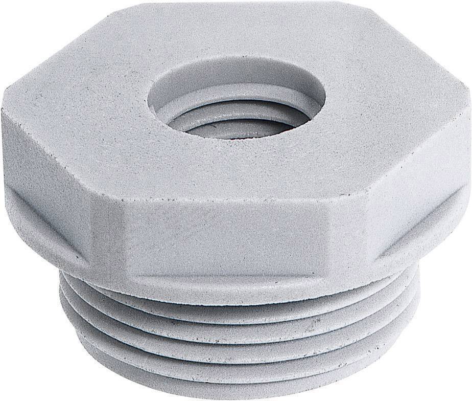 Un bouchon de vis hexagonal en plastique gris avec filetage, utilisé pour sceller les ouvertures dans les machines ou les tuyaux.