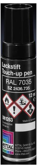 Stylo de retouche laqué noir portant l'inscription 'Stylo de retouche RAL 7035'. Contient des pictogrammes de danger et le logo de l'entreprise. Volume : 12 ml. Origine : Allemagne.