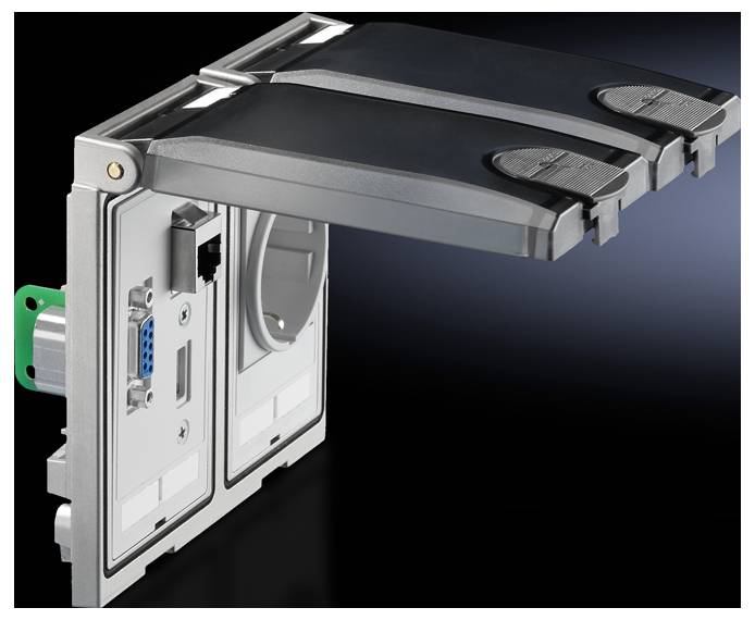 Système d'armoire électrique pour applications industrielles avec deux volets de protection ouverts et connexions intégrées sur fond noir.