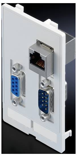 Prise murale blanche avec un port réseau RJ45 et deux ports VGA bleus ; utilisée pour connecter des appareils.