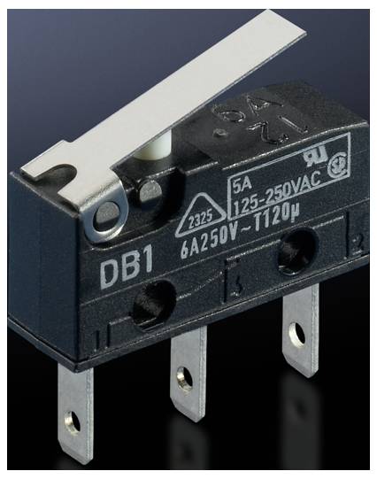 Un micro-interrupteur noir avec un levier métallique est représenté. Sur le boîtier, il est inscrit 'DB1 6A250V'. Trois bornes de connexion sont visibles.