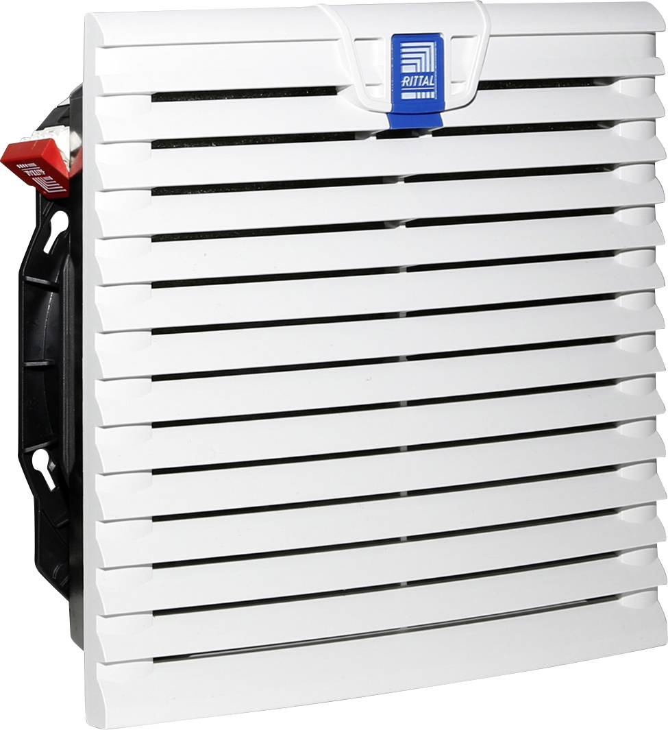 Couvercle de ventilation blanc avec des lamelles horizontales et un interrupteur rouge sur le côté. Un autocollant bleu est placé en haut.