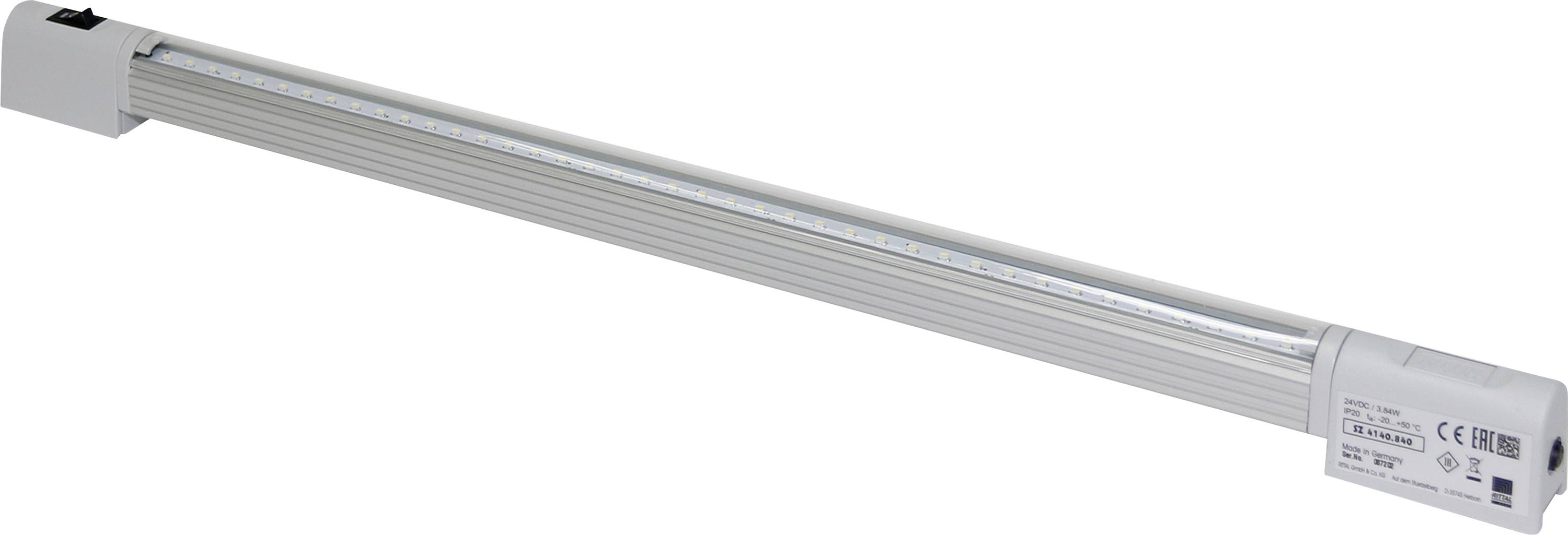 Tube long et blanc à LED, avec connexion électrique aux deux extrémités, adapté pour l'éclairage intérieur de bureaux ou d'espaces de vie.