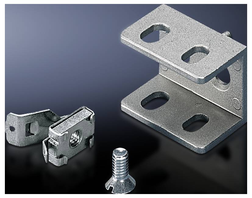 Support d'angle métallique avec vis et pince, sur fond sombre. Ensemble de fixation pour applications industrielles.