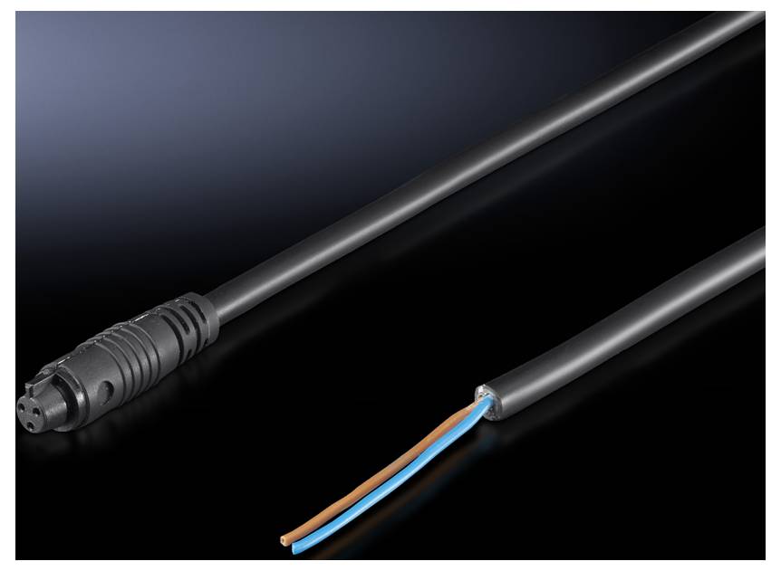 Câble électrique noir avec une connexion enfichable et des extrémités montrant deux fils : un bleu et un marron.