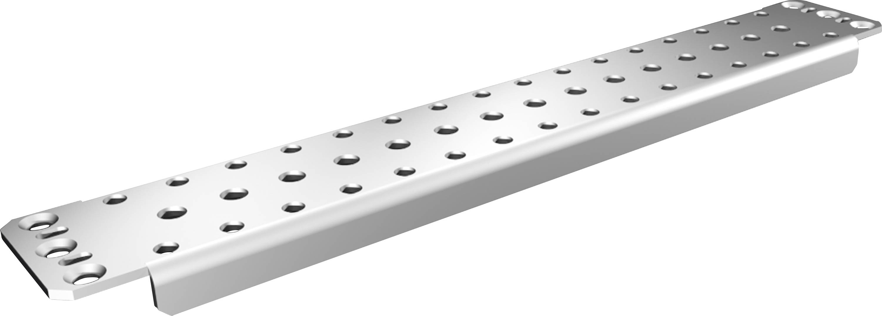 Une longue pièce métallique plate avec des rangées de trous ; elle pourrait servir de rail de montage ou de connecteur dans des applications mécaniques.