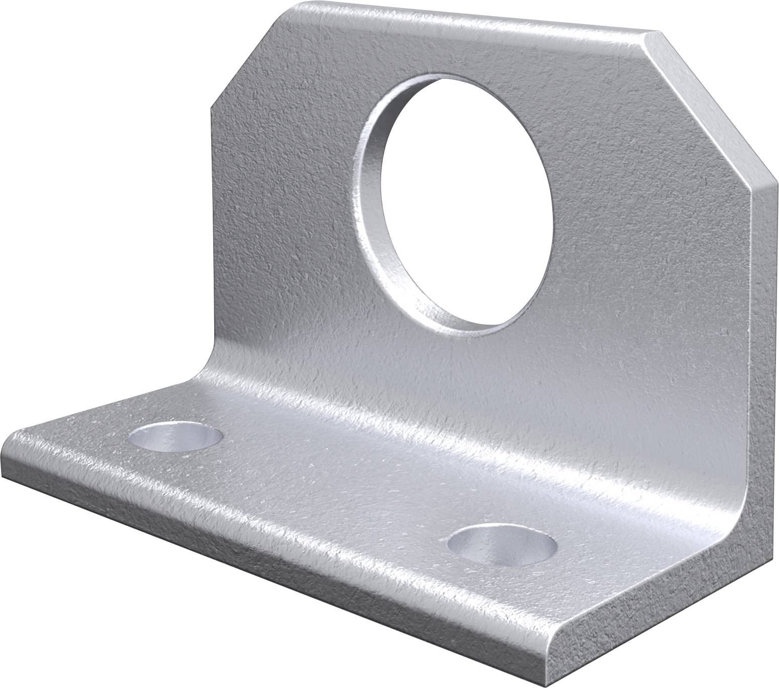 Support d'angle en métal avec trois perçages : deux en bas pour la fixation par vis et un grand perçage central en haut pour le montage.