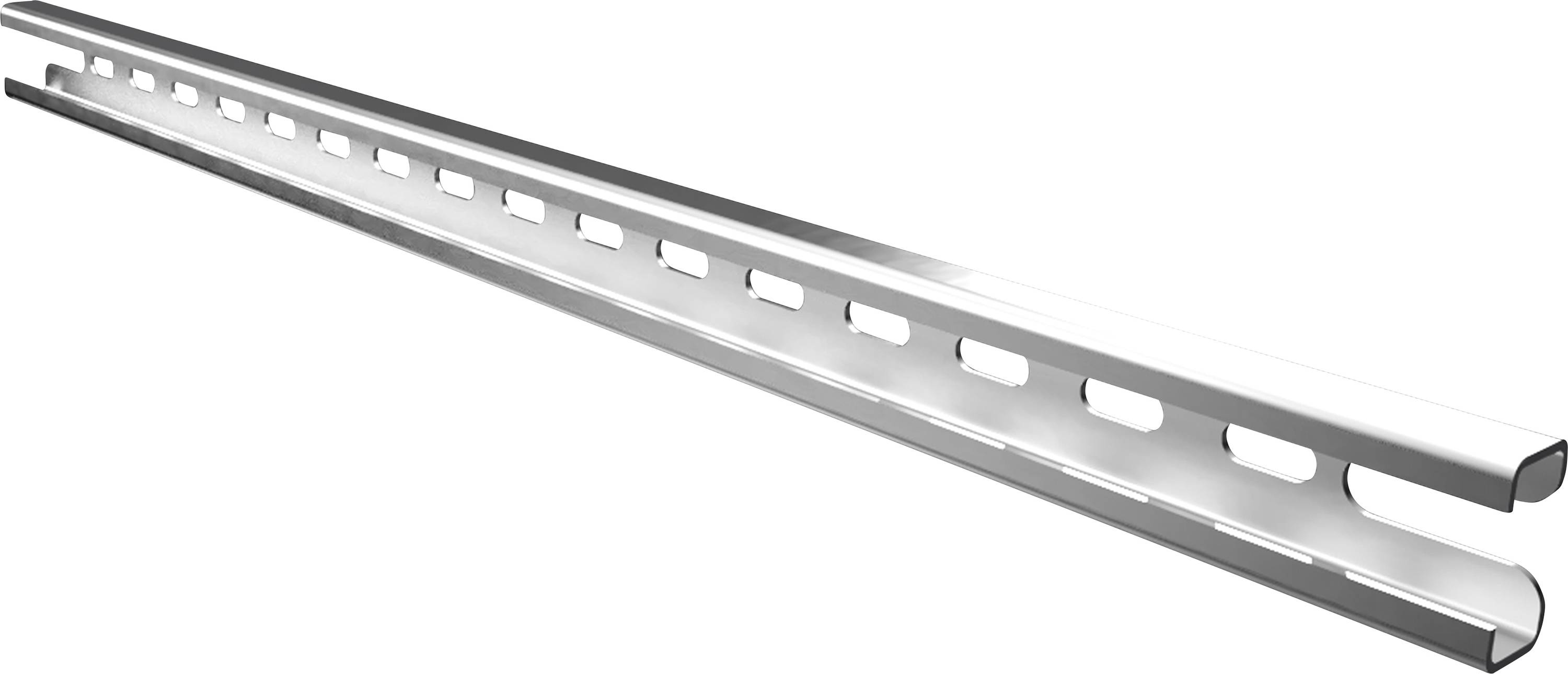 Rail métallique avec des découpes rectangulaires régulières. Elle sert de support structural et de support de montage dans diverses applications.