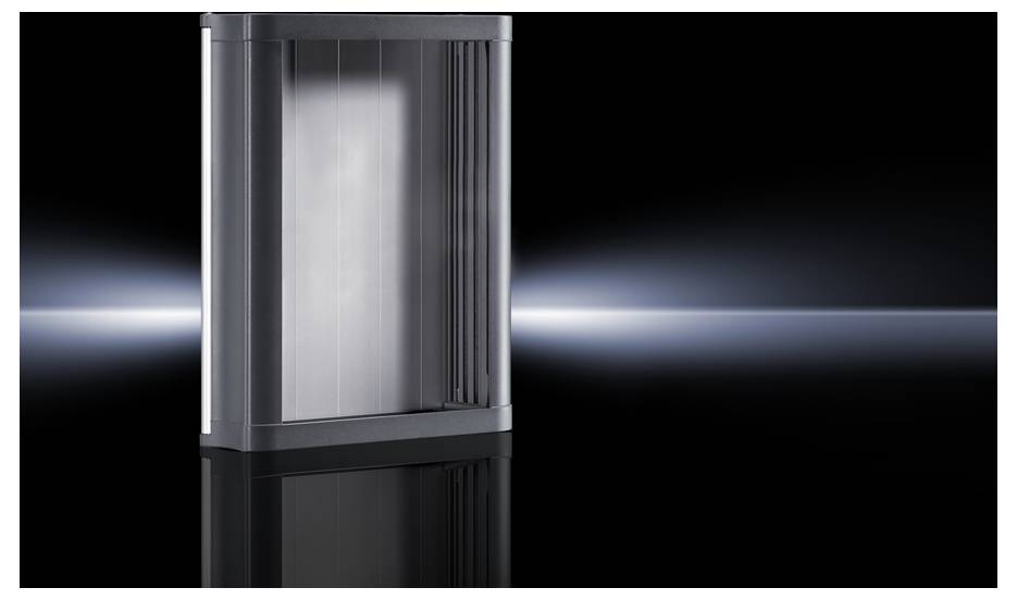 Purificateur d'air dans une pièce sombre avec des rayons lumineux en arrière-plan, soulignant un design moderne et une surface lisse.