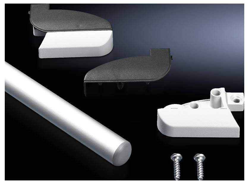 Système de poignée en aluminium composé d'une tige de poignée argentée, d'embouts en plastique noir et blanc, ainsi que de deux vis sur un fond noir.