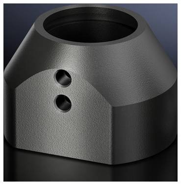 Une pièce mécanique cylindrique noire avec deux perforations sur le côté est posée sur un fond sombre.