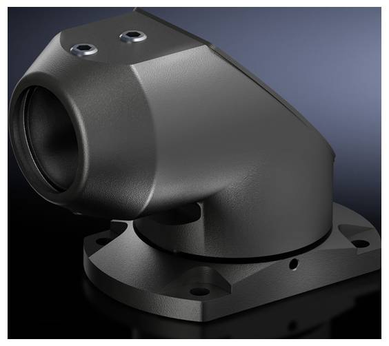 Pièce mécanique gris-noir, coudée, avec deux vis visibles ; montée sur un socle rectangulaire aux angles arrondis.