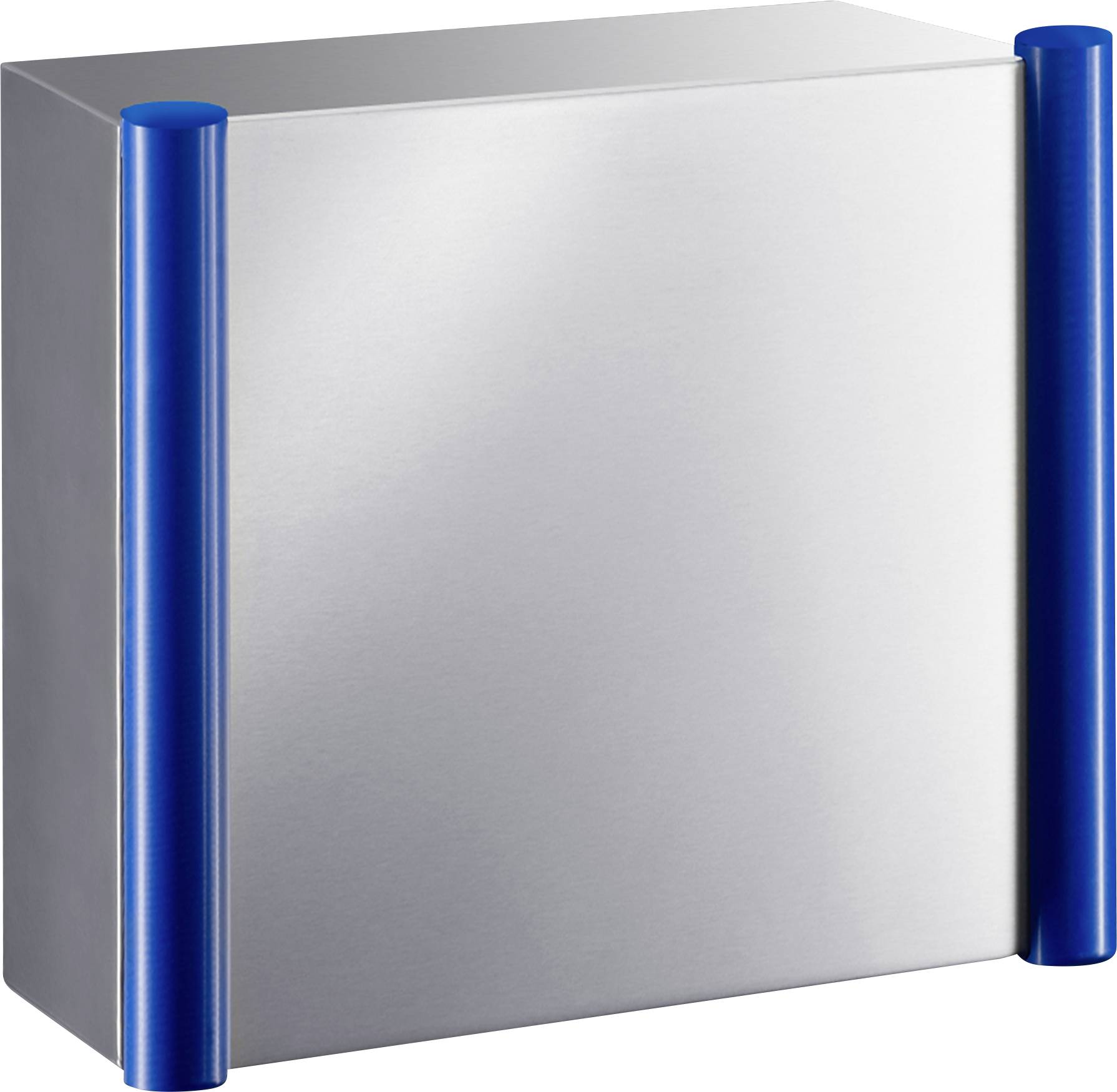 Un boîtier en acier inoxydable avec des parties latérales cylindriques bleues.