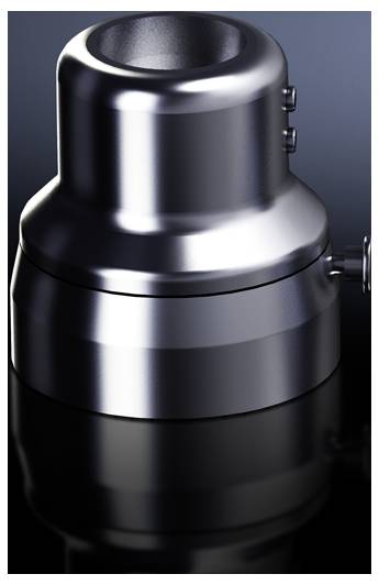 Objet métallique cylindrique argenté avec une finition lisse et polie, posé sur une surface sombre.