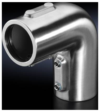 Un coude de tube en acier inoxydable à surface lisse et polie, avec deux vis de raccordement visibles à l'intérieur de la courbure.