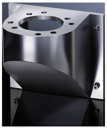 Élément métallique avec une cavité cylindrique et des trous de vis, monté sur une surface réfléchissante.