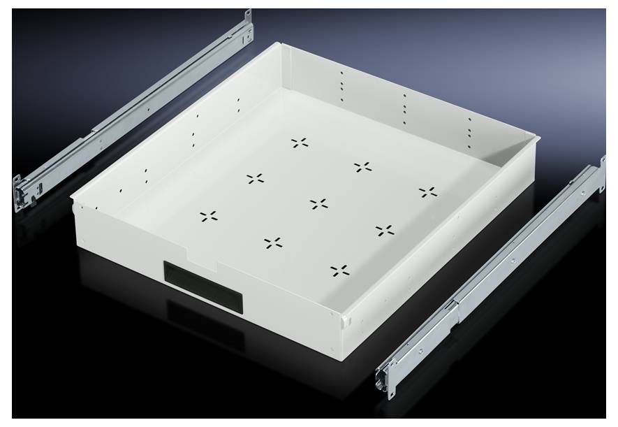 Tiroir en métal blanc avec des glissières latérales, placé sur un fond noir.
