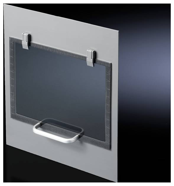 Une plaque métallique grise avec une découpe rectangulaire transparente et une poignée argentée sur sa face inférieure.