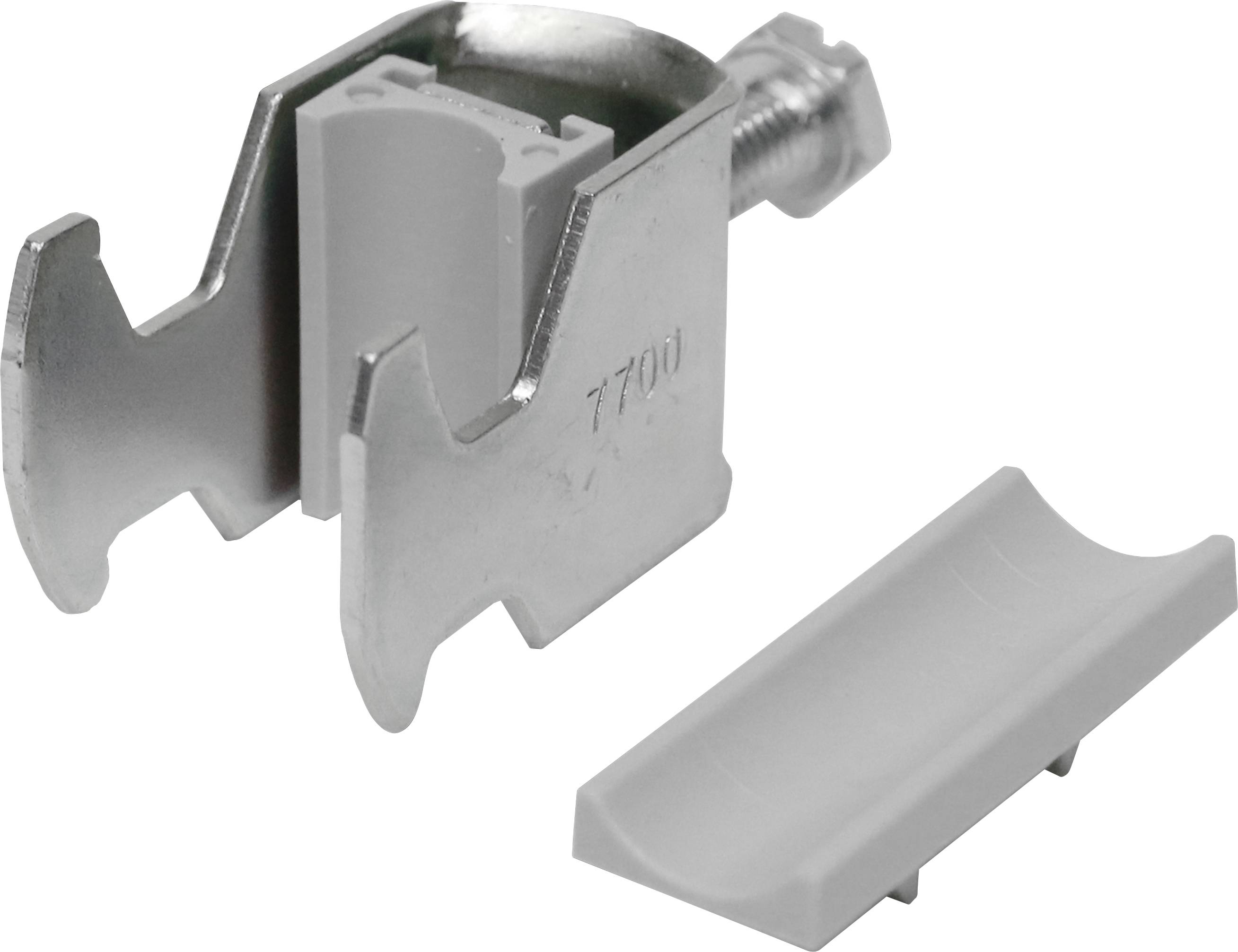 Fixation par agrafe métallique avec vis et couvercle amovible en plastique, adaptée pour le support de câbles ou de tuyaux.
