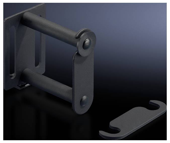 Un accessoire métallique noir avec des bras de connexion articulés, posé à côté d'une plaque de montage plate, également noire, sur un fond sombre.