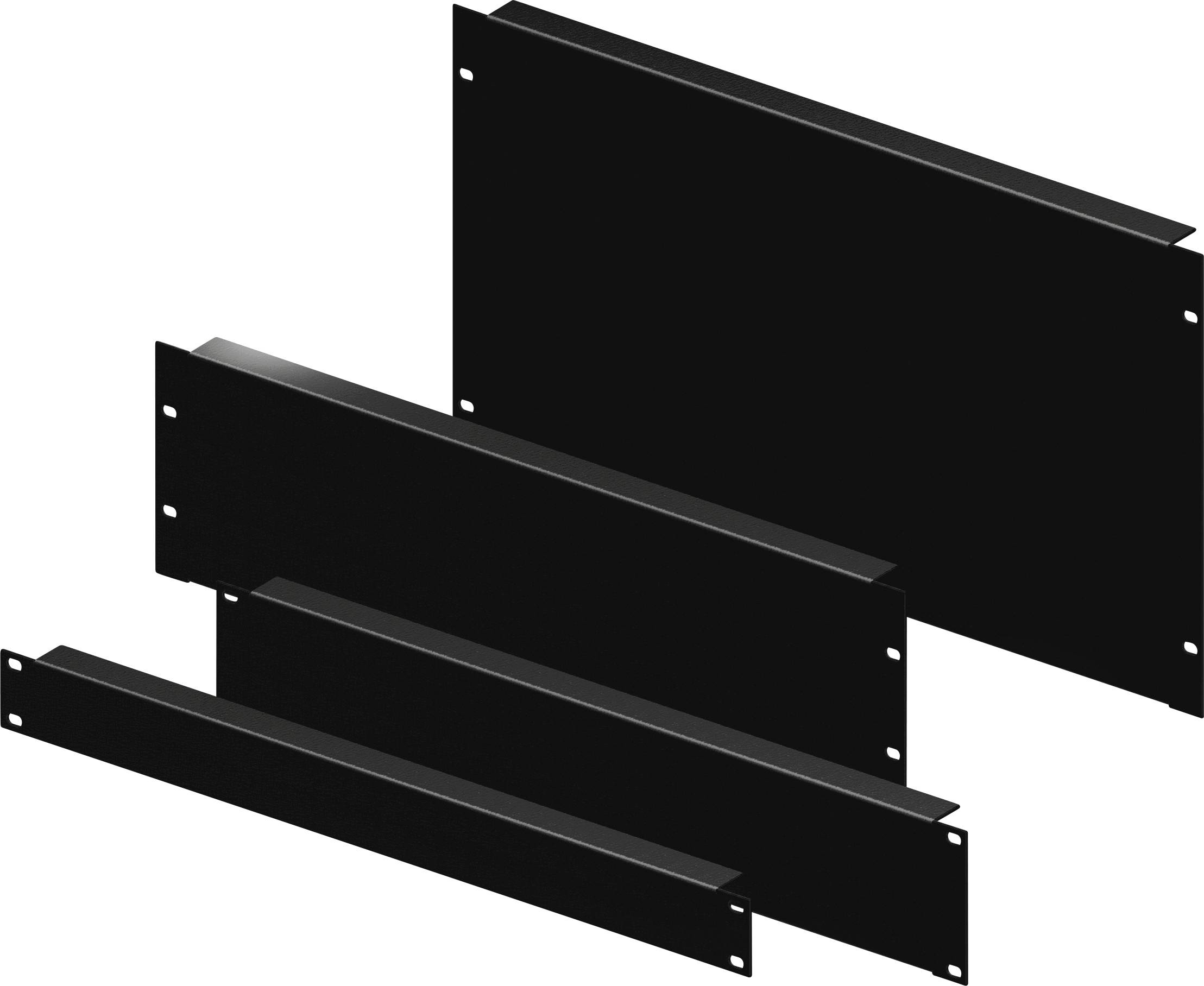 Quatre caches en métal noir rectangulaires de différentes tailles, probablement destinés à des appareils électroniques ou des armoires électriques.