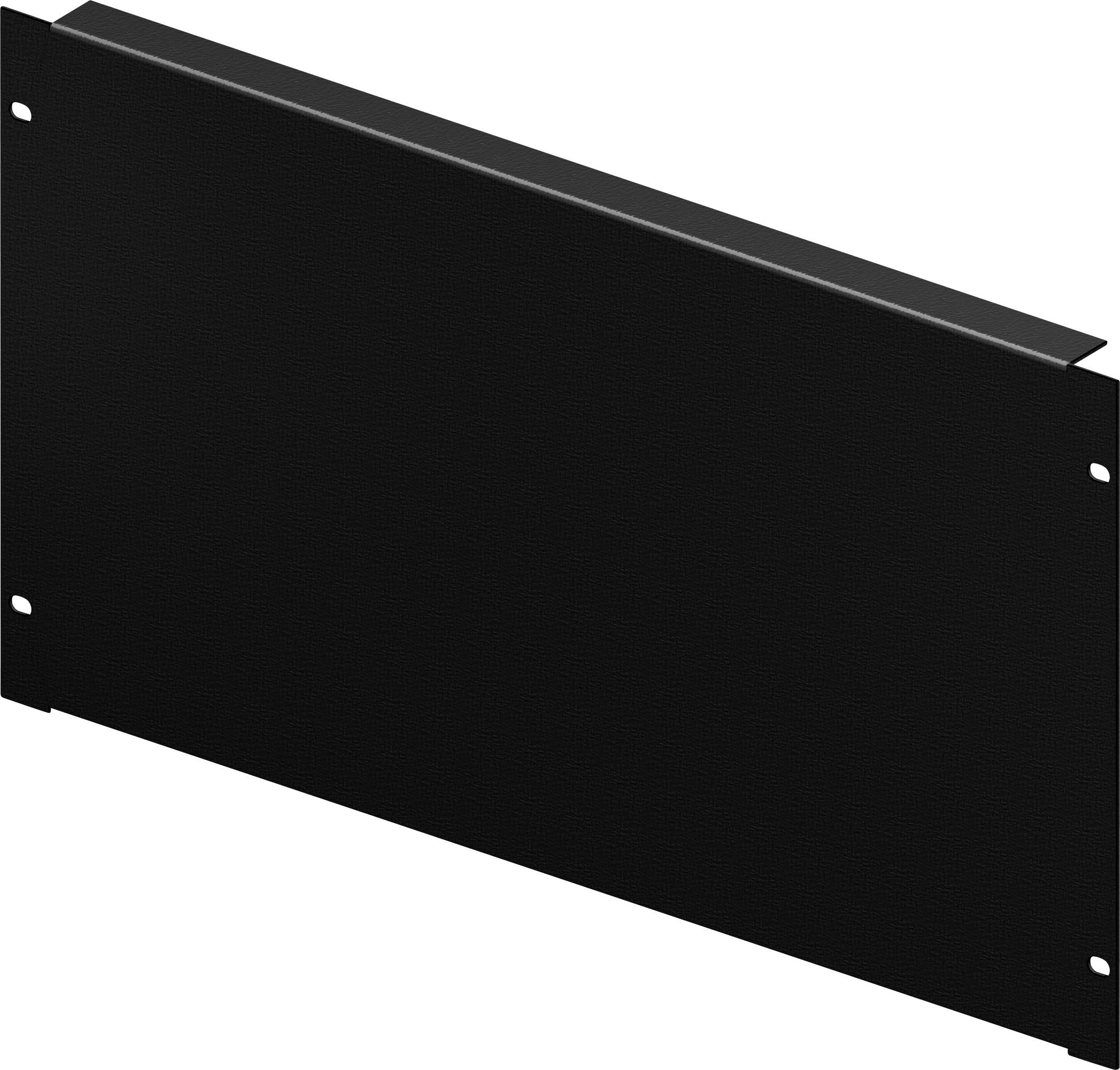Tôle métallique noire rectangulaire avec des trous de fixation aux angles, probablement un couvercle ou un panneau.