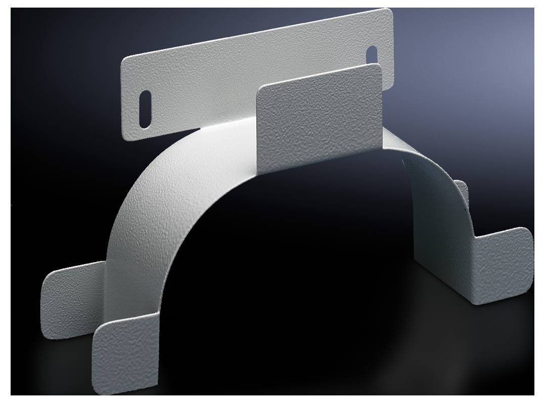 Un support de goulotte de câbles métallique en forme de U avec des pattes de fixation, sur un fond noir, éclairé d'en haut.