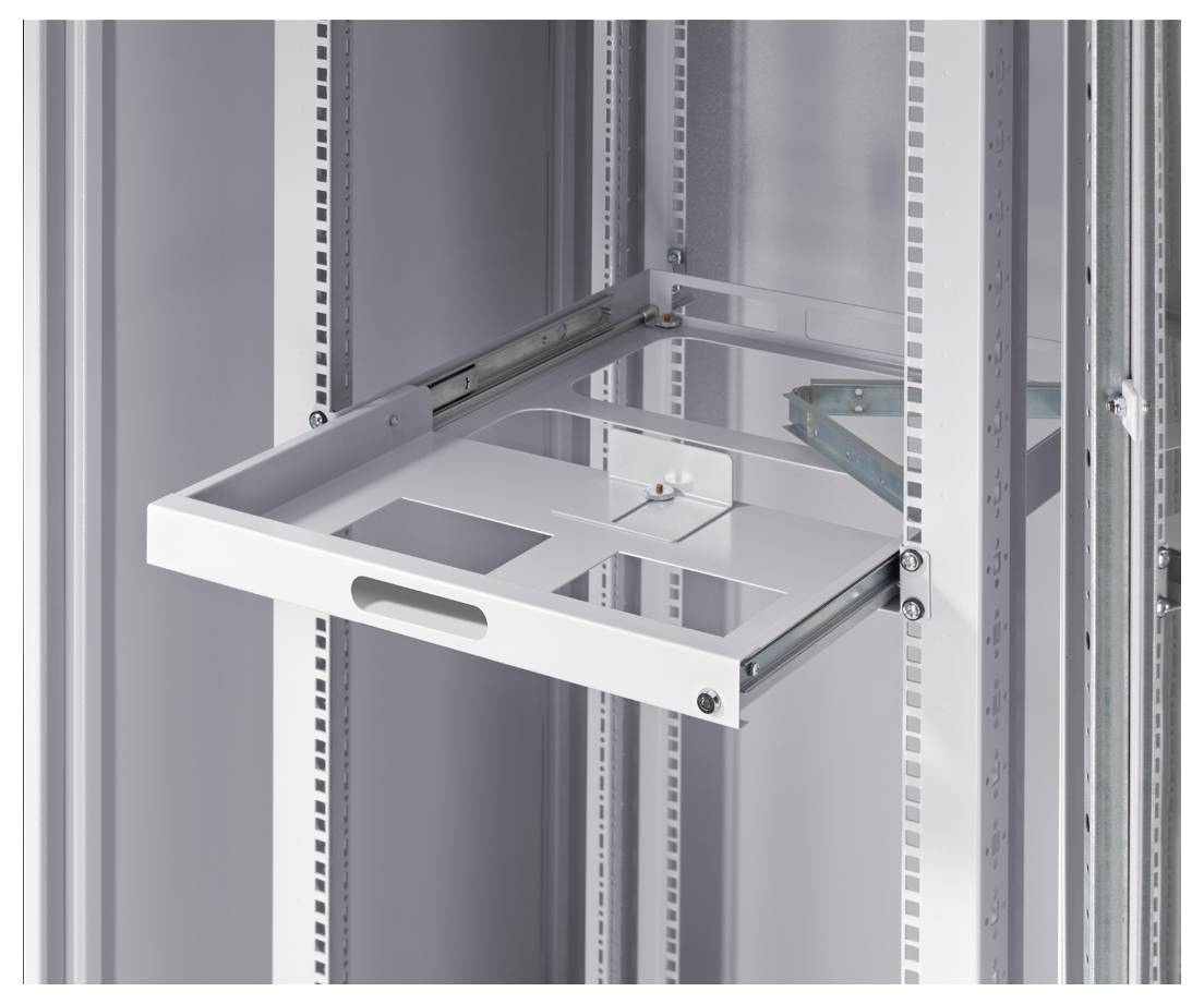 Plateau extractible dans une armoire serveur, offrant un accès aux composants. Construction métallique blanche avec rails latéraux.