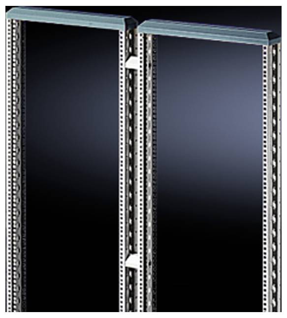 Armoire métallique avec deux portes en verre sombre, avec des rails métalliques verticaux visibles à l'intérieur.
