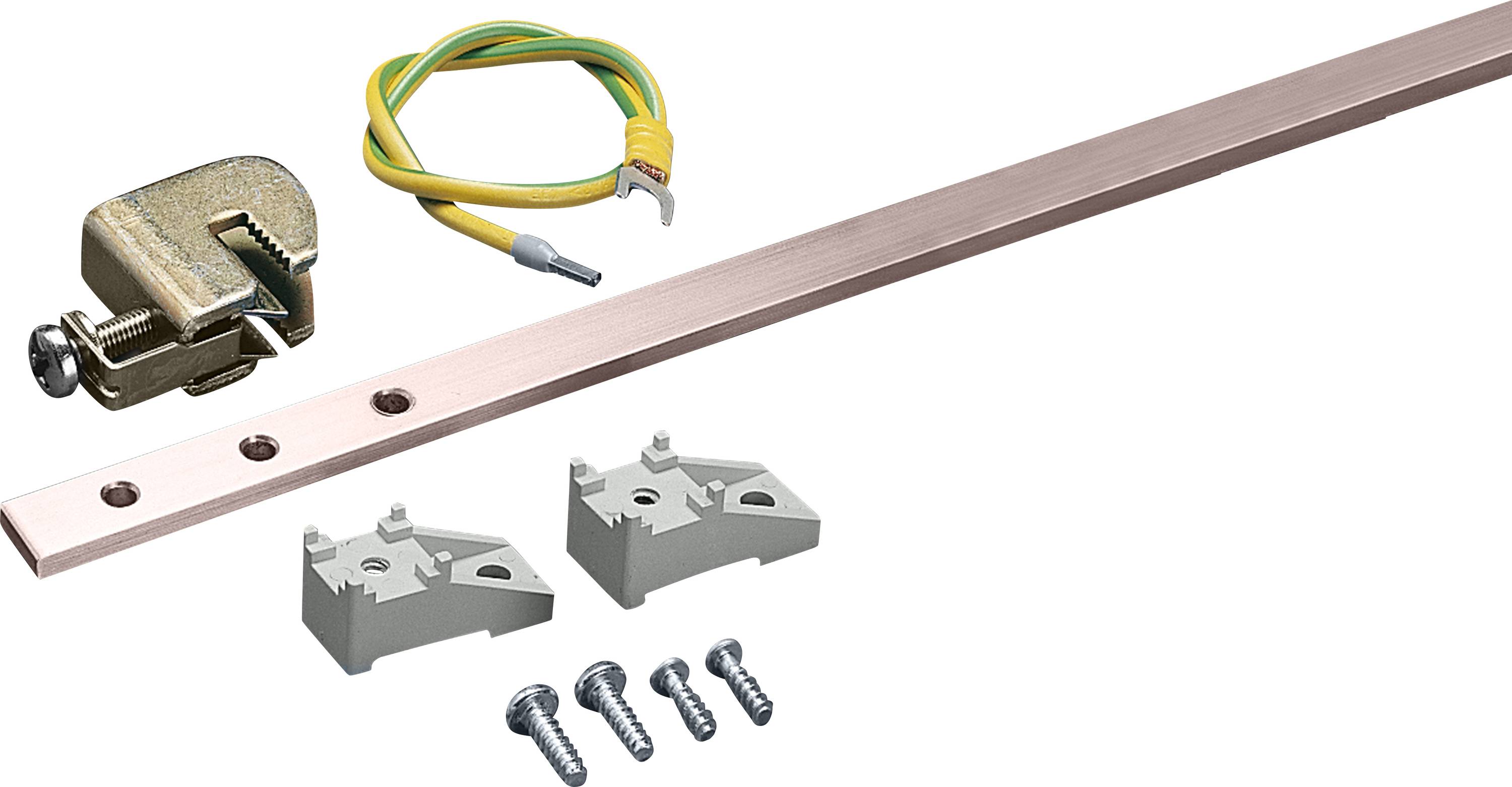 Kit de montage pour protection contre la foudre : étriers métalliques, câble de mise à la terre, rail métallique avec perforations, deux supports et quatre vis.