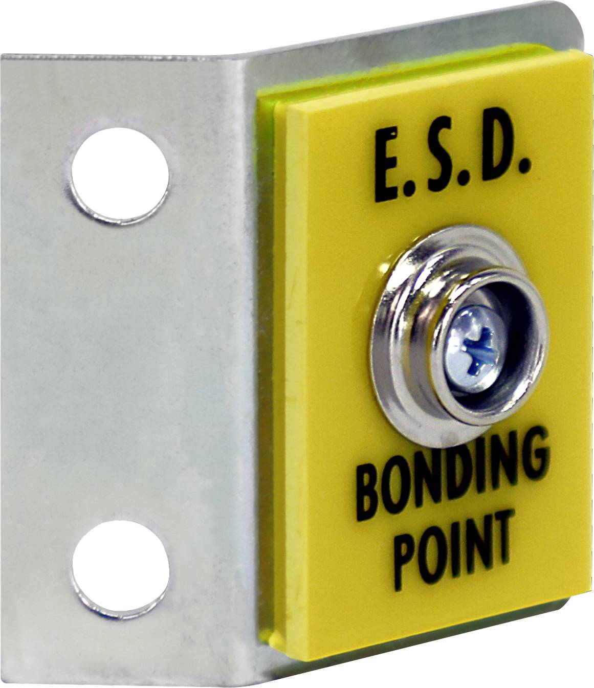 Angle métallique avec un panneau jaune 'E.S.D. Bonding Point' ; utilisé pour décharger l'électricité statique, deux trous de montage.