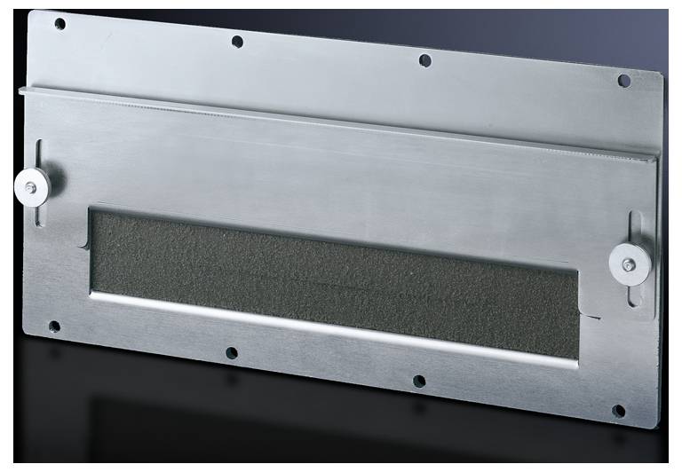 Élément métallique revêtu avec une ouverture rectangulaire sombre au centre, montable au moyen de vis latérales.